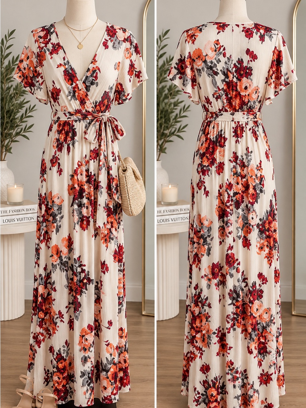 ILLA ILLA Cream Floral Wrap Maxi Dress with Red & Orange Blooms
